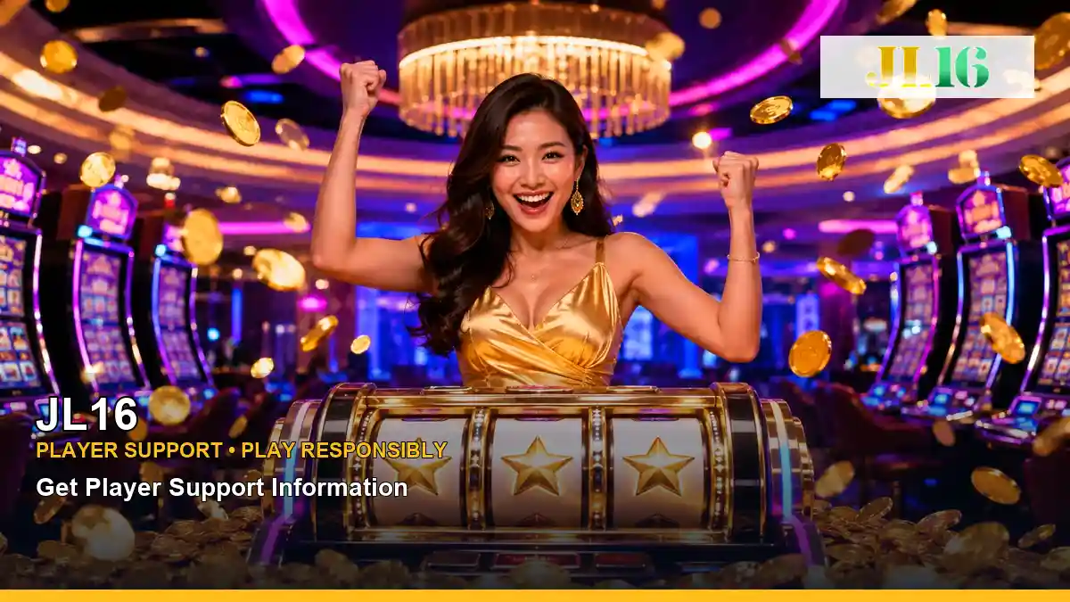 JL16 jackpot slot games featuring an adult Filipina casino host with a celebratory composition