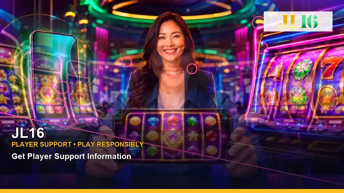 JL16 party online slot games featuring an adult Filipina casino host with a centered composition